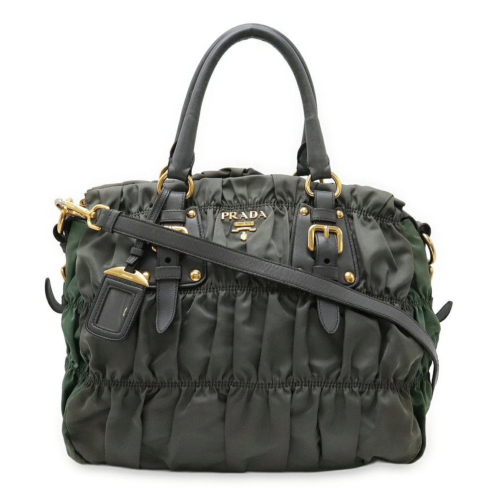 Prada Gathered Handbag Crossbody Bag Leather Dark Gray Khaki Green